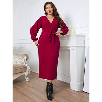 Woochic robe grande taille col en V taille haute manches longues
